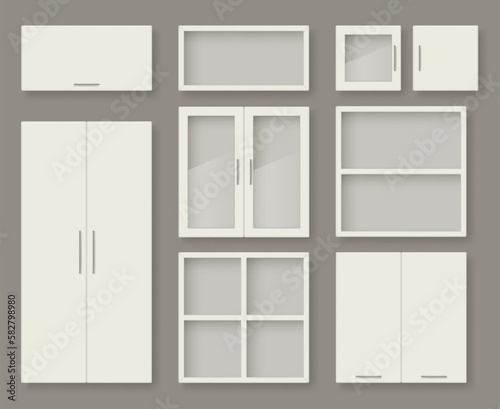 Furniture realistic. Modular wardrobe tables shelves for modern interiors decent vector templates