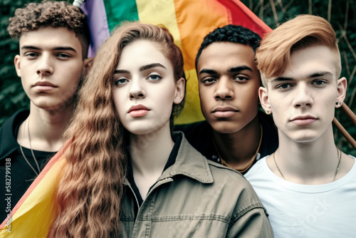 Powerful and proud portrait of diverse multiethnic group of young LGBT people standing together in front of a rainbow flag, exuding confidence and strength in their identity. Generative AI.