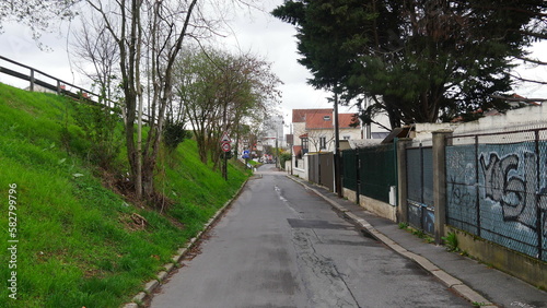 Ruelle ou grande rue vidée, prise par la nature, de la verdure et des branches envahissant de partout, abandonné et vide, découverte urbaine et ambiance mystérieuse, sous un ciel menaçant et humide photo