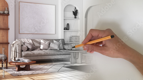 Architect interior designer concept: hand drawing a design interior project while the space becomes real, farmhouse wooden living room with sofa in boho style
