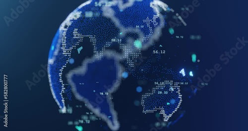 Digital earth globe rotating with business data market elements, Bar, Pie charts and numbers. Business and Technology Concept, Data analysis. Seamless loop 3D animation.