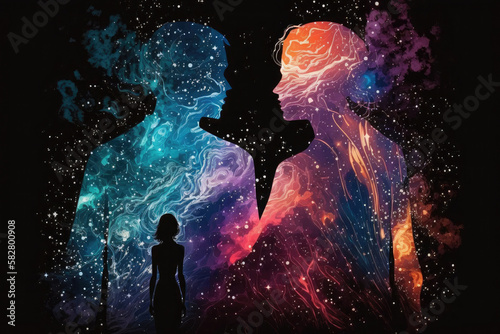 Astral body man and woman silhouettes face to face neural network AI generated art photo