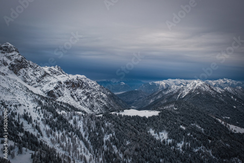 Skiing in Italy  Dolomites  Madonna di Campiglio  Pinzolo. Cloudy winter day in January 2023