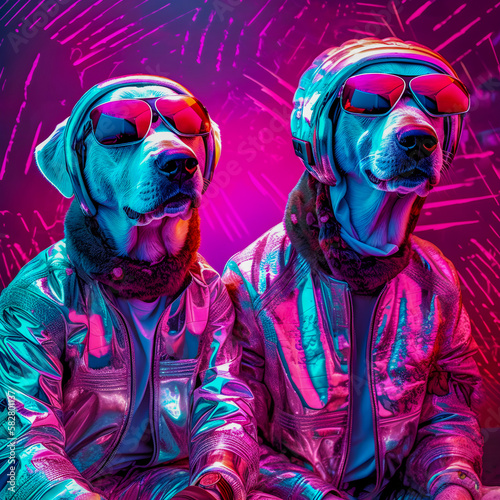 Abstract Funky Dogs music band illustration, fashionable, retro pop and coroful pattern, anthropomorphic animal, Generative AI photo