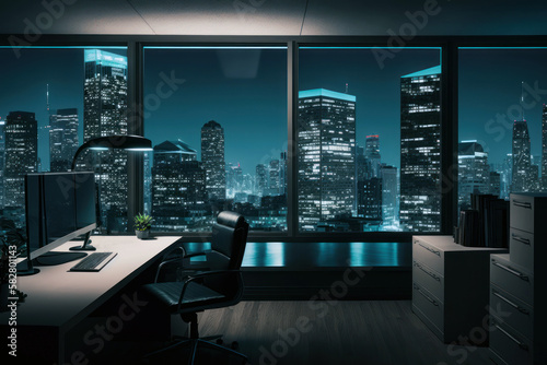 Office interior, city at night view out of window. Computer on table and empty chair. Generative AI