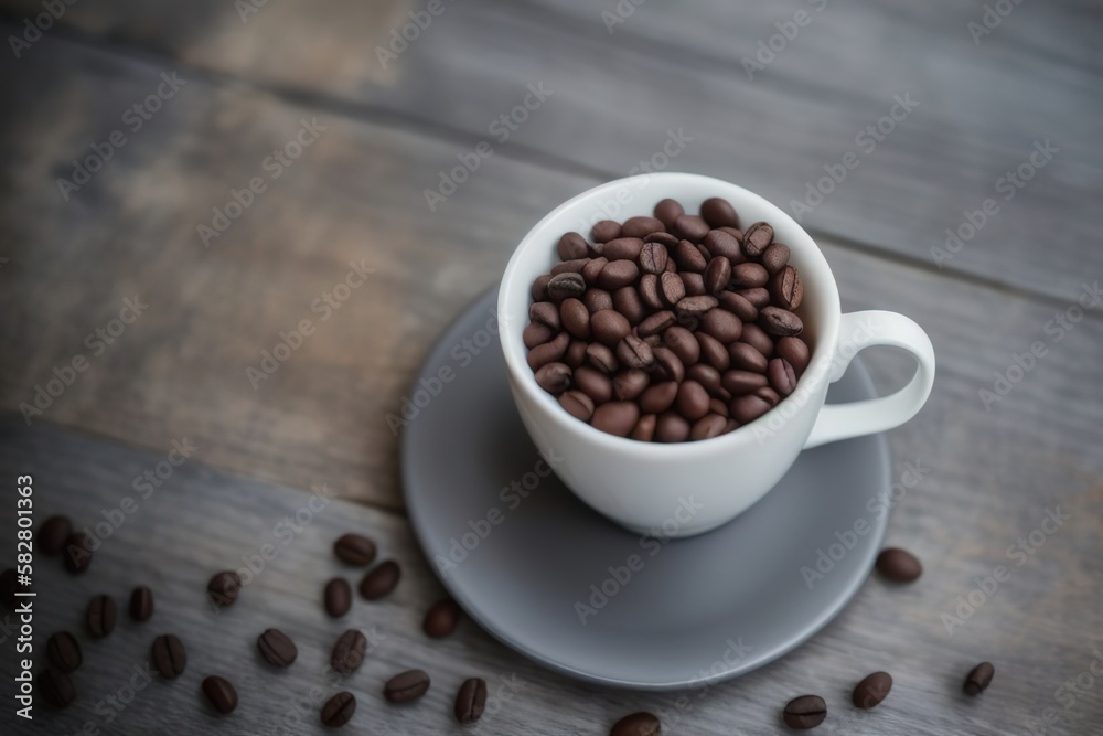 A mug of coffee on a table with beans on a marble top, AI generative. A mug of coffee on a table with beans on a marble top, AI generative.