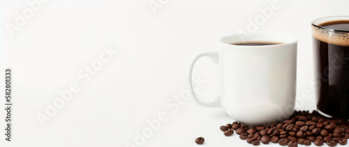A mug of coffee on a table with grains on a white background, AI generative.