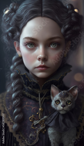 Artistic portrait of a beautiful child, a girl with a small animal in her hands. With interesting hair and jewelry, in vintage style. Princesses of different nations. Created using generative AI