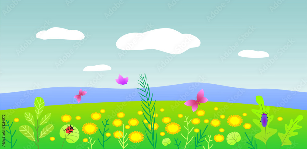 Spring landscape with green grass, flowers, butterflies and beetles.
