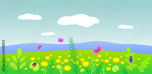 Spring landscape with green grass  flowers  butterflies and beetles.