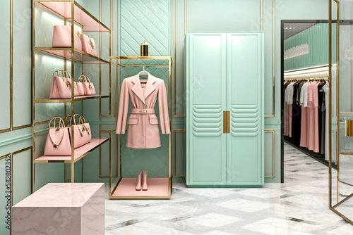 Modern interior design of female clothing store. Super photo realistic background. Generative ai illustration © Anna