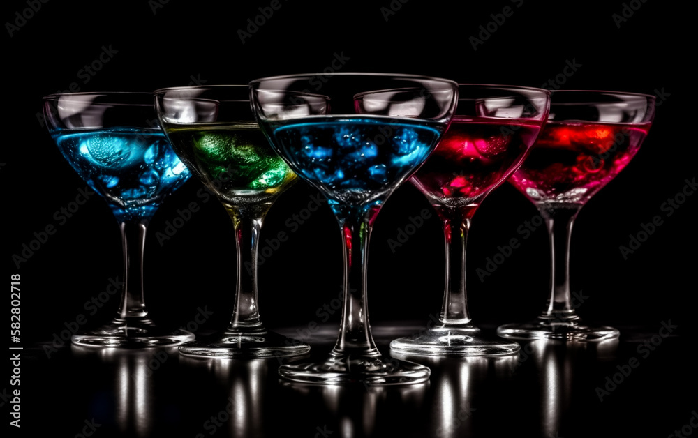Obraz premium Colorful Drinks or Cocktails served in Martini Glasses. Studio shot isolated on black background. Illustrative generative AI.