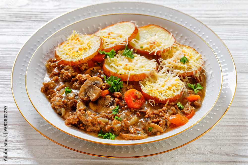 Ground Beef stew with mushrooms, carrots potatoes Ground Beef stew with mushrooms, carrots potatoes