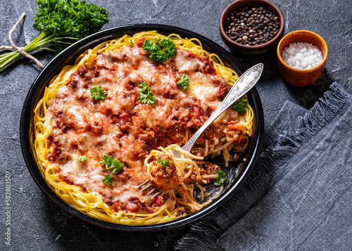 baked spaghetti with ground beef  sauce  cheese