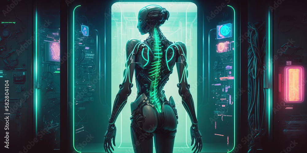Cybernetic human with neural implant and augmented limbs in futuristic ...