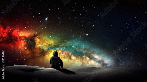 Un homme assis seul sur la lune regarde les   toiles color  es de l univers.