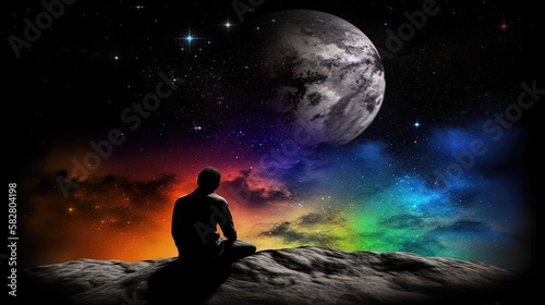 Un homme assis seul sur la lune regarde les étoiles colorées de l'univers.