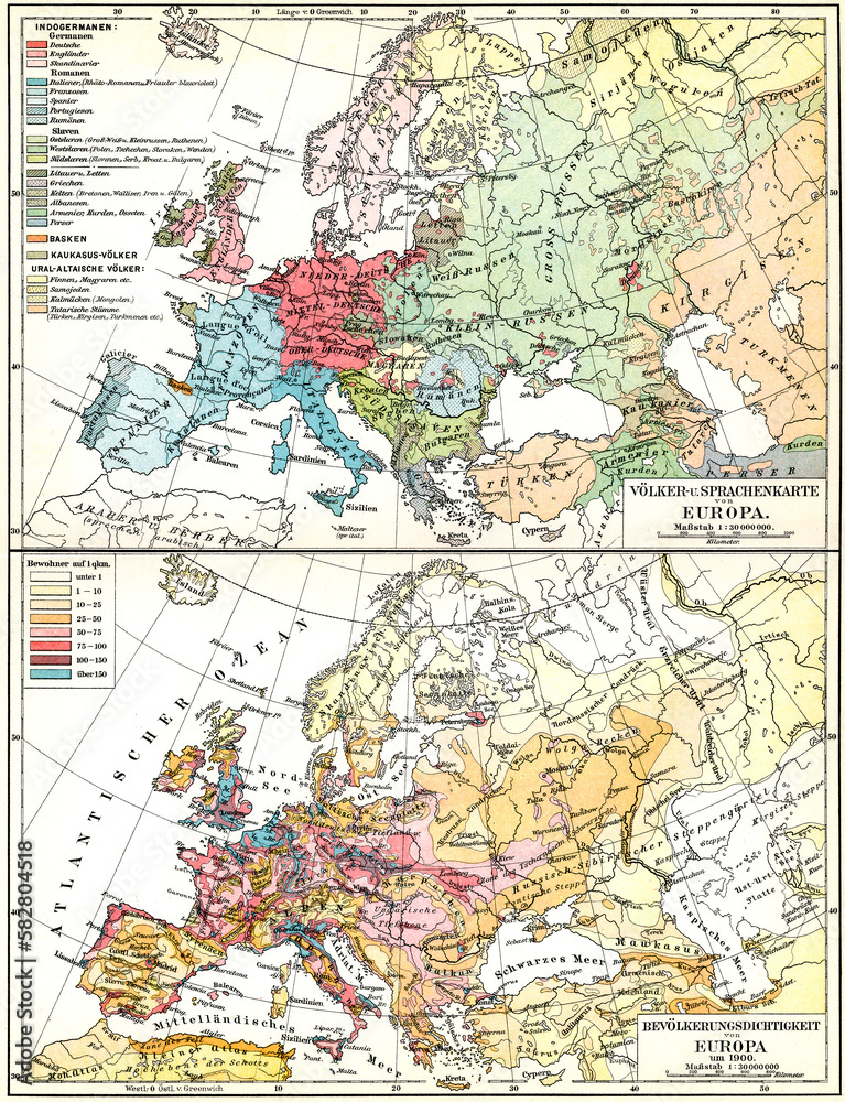 Map of peoples and languages and also map of population density of Europe. Publication of the book 