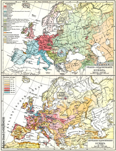 Map of peoples and languages and also map of population density of Europe. Publication of the book "Meyers Konversations-Lexikon", Volume 2, Leipzig, Germany, 1910