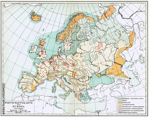 Economic map of Europe. Publication of the book  Meyers Konversations-Lexikon   Volume 2  Leipzig  Germany  1910