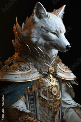 White Fox Adept Samurai Soldier Standing Up Generative AI © Johnathan