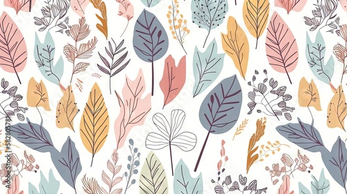 Modèle sans couture de vecteur avec des feuilles de couleur, fond floral avec des herbes de doodle, modèle naturel avec des plantes. © MiniMaxi
