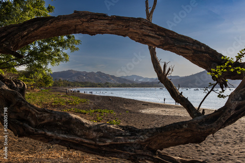 A sand beach in Costa Rica with horizonal tree trunks framing the top and bottom of the image. Off in the distance are people walking the beach and hills that make up part of the bay. 