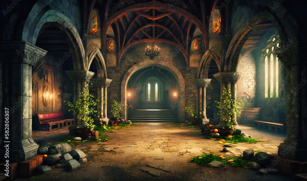 A dark and foreboding stage with stone walls and archways
