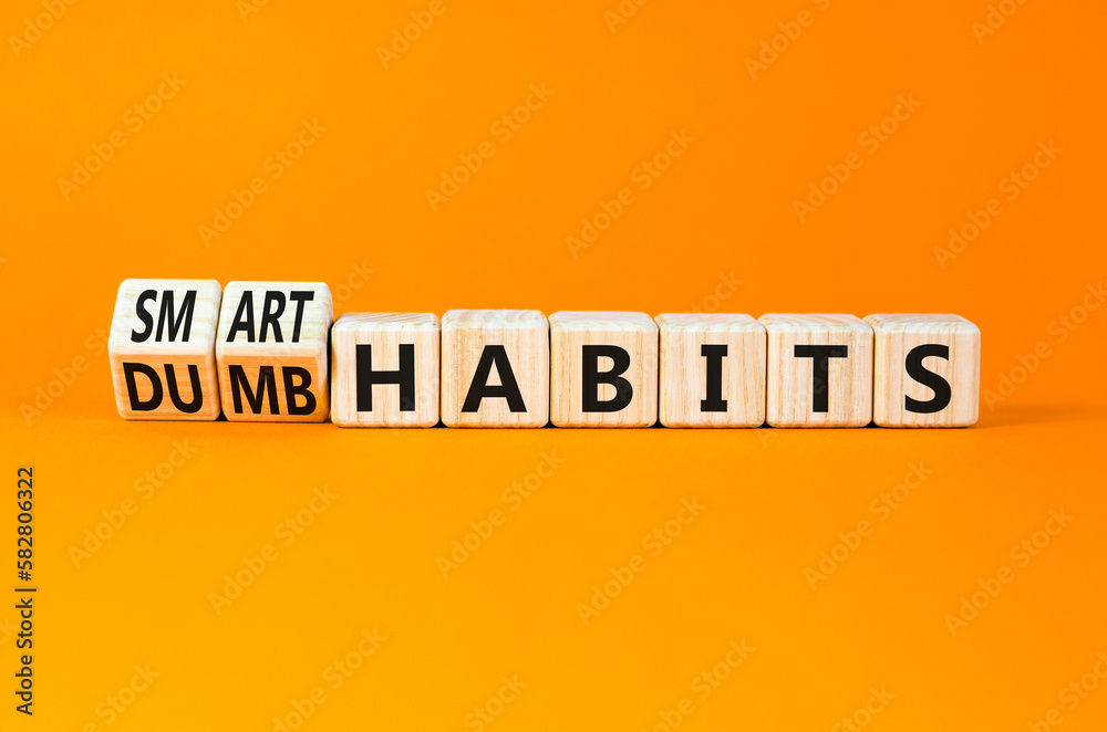 Smart or dumb habits symbol. Concept word Smart habits and Dumb habits on wooden cubes. Beautiful orange table orange background. Business smart or dumb habits concept. Copy space. Smart or dumb habits symbol. Concept word Smart habits and Dumb habits on wooden cubes. Beautiful orange table orange background. Business smart or dumb habits concept. Copy space.