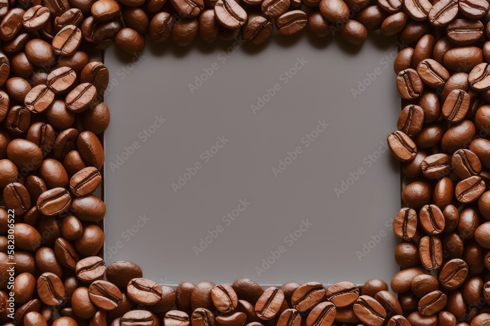 Coffee beans on a gray stone background in the form of a frame, generative AI. Coffee beans on a gray stone background in the form of a frame, generative AI.