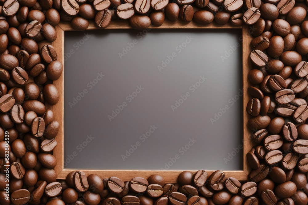 Coffee beans on a gray stone background in the form of a frame, generative AI. Coffee beans on a gray stone background in the form of a frame, generative AI.