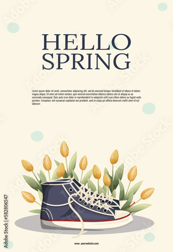 spring cover, poster, flyer, with sneakers and tulips. minimalistic and trendy design. suitable for print, social media, advertising. vector
