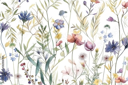 Un motif harmonieux à l'aquarauvages, fleurs, branches. fond floral nature.