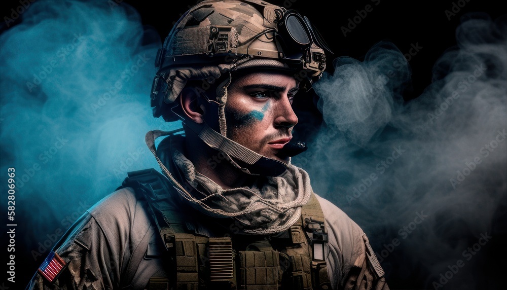 Soldier close-up face with mask and military equipment with blue and white smoke in background. Fictional person created with generative AI