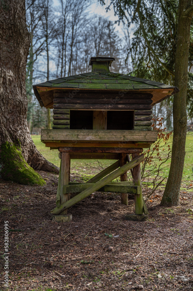 Large massive Bird house made of wood underneath a tree at Englischer Garten Eulbach, Germany, vertical shot