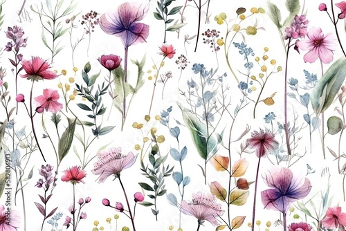 Un motif harmonieux à l'aquarelle avec des fleurs sauvages éthérées, des feuilles. Plantes sauvages, fleurs, branches. fond floral nature