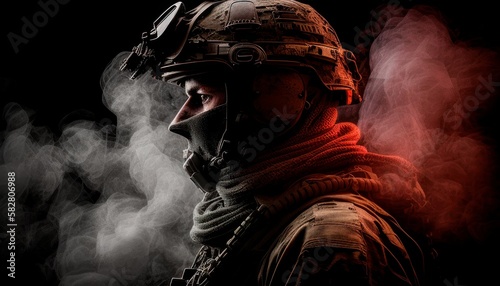 Soldier close-up face with mask and military equipment with red and white smoke in background. Fictional person created with generative AI