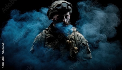 Soldier close-up face with mask and and military equipment with blue and white smoke in background. Fictional person created with generative AI