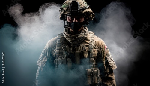 Soldier close-up face with mask and and military equipment with white smoke in background. Fictional person created with generative AI