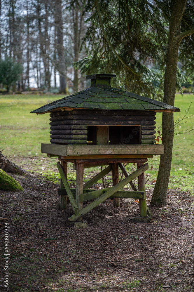 Large massive Bird house made of wood underneath a tree at Englischer Garten Eulbach, Germany, vertical shot Large massive Bird house made of wood underneath a tree at Englischer Garten Eulbach, Germany, vertical shot