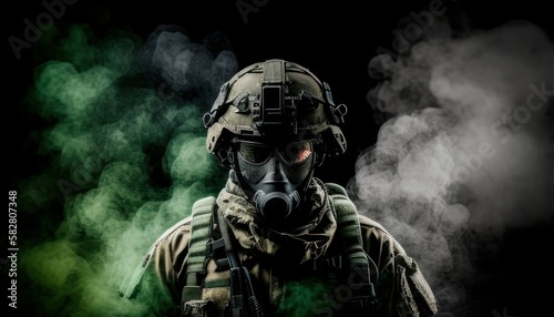 Soldier close-up face with mask and and military equipment with green and white smoke in background. Fictional person created with generative AI © Fernando