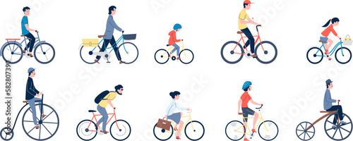 Characters ride bikes, different bicycles on road. Children and adult on modern city eco transport. Cycling sport hobby, flat characters riding recent vector set