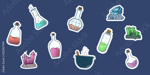 set of stickers magic potion in jars, test tubes, stones, crystals, cauldron. vector