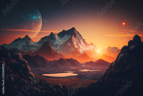 A mountain range with a sunset in the background, capturing the beautiful landscape. AI