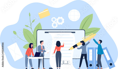 Digital contract sign, office people writing electronic paper agreement and signature it. Businesspeople conditions, document security recent vector concept