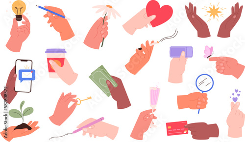 Hands hold various things, phone and ticket. Hand gestures, human write and draw. Cartoon palm with coffee mug, money banknote, racy vector set