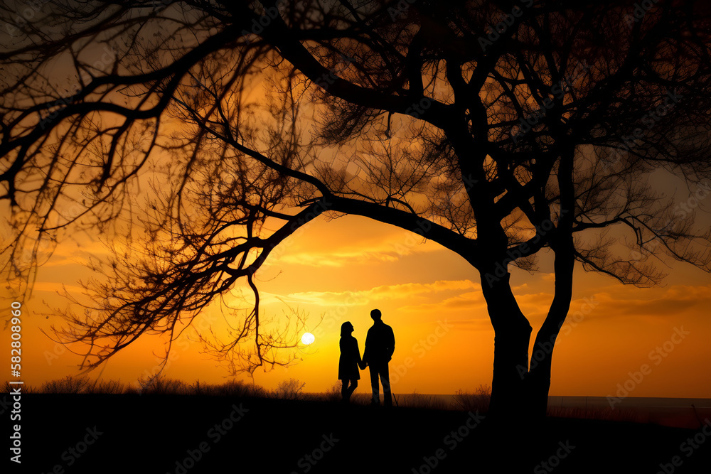 Young couple at sunset against the background of a tree. Concept about passion and love. Generative AI.
