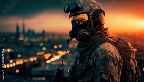 Soldier close-up face with mask and military equipment with night city in background. Fictional person created with generative AI