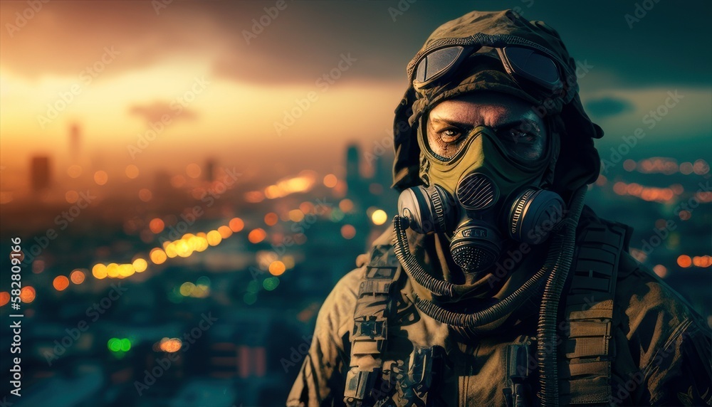 Soldier close-up face with mask and military equipment with night city in background. Fictional person created with generative AI