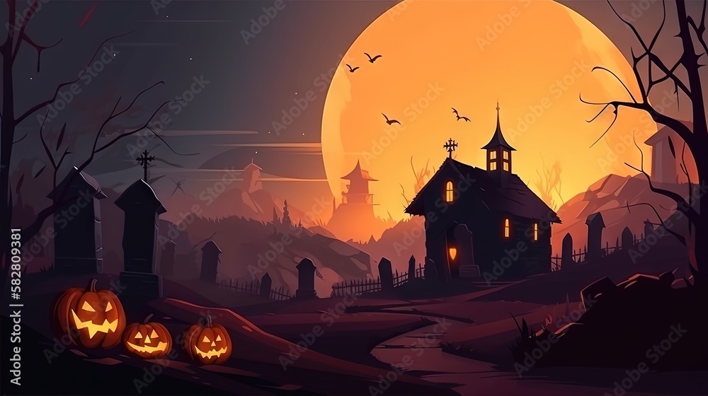 Un paysage d'halloween avec une maison effrayante et une ambiance effrayante.